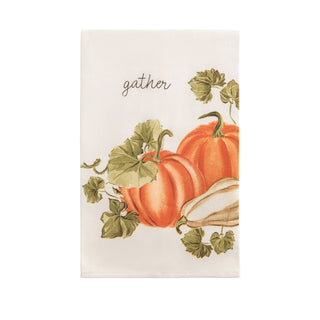 White decorative kitchen towel with pumpkins and the word 'gather' 