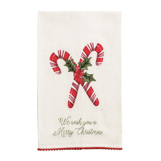 Deck your kitchen out for the holidays with this charming Candy Cane Pom Trim Towel.