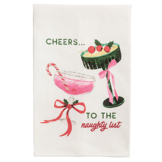 Decorative towel with Christmas-themed cocktails and "Cheers to the naughty list"