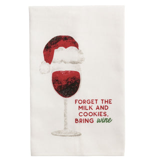 Towel with Santa Claus design and text 'Forget the milk and cookies, bring wine'