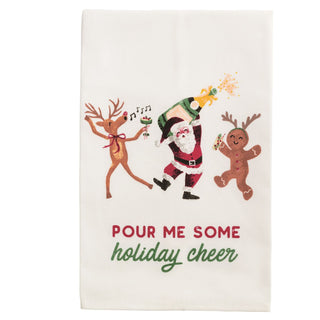 Decorative towel with Christmas-themed characters and 'Pour Me Some holiday cheer'