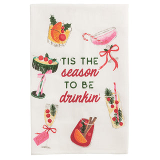 Decorative towel with Christmas-themed cocktails and text 'Tis the season to be drinkin'' 