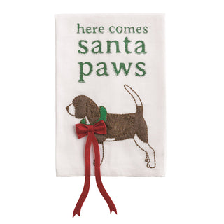 Embroidered towel with a dog design and 'here comes santa paws' text on a white background