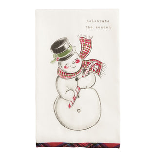Decorative towel with a snowman design and text 'celebrate the season' 
