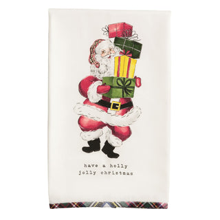 Festive towel with Santa Claus holding gifts and 'have a holly jolly Christmas' 