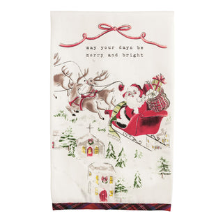 Christmas-themed towel with Santa Claus, reindeer, and festive text