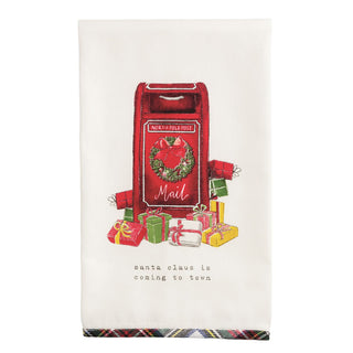 Decorative kitchen towel with a red mailbox and Christmas-themed design 