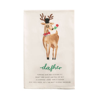 Tea towel with a reindeer illustration and text on a white background