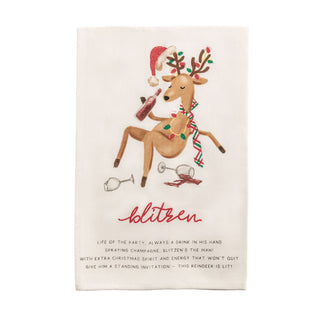 Tea towel with a reindeer design holding a bottle of champagne on a white background