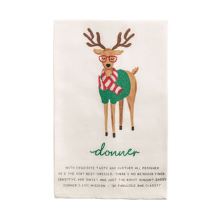 Tea towel with a reindeer wearing glasses and a scarf, text below on a white background