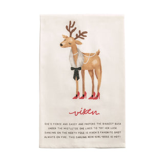 Decorative towel with a reindeer and woman design and the brand 'Vixen' on a beige background.