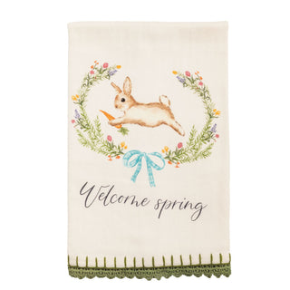 Decorative towel with a rabbit and floral wreath design, featuring the text 'Welcome spring'.