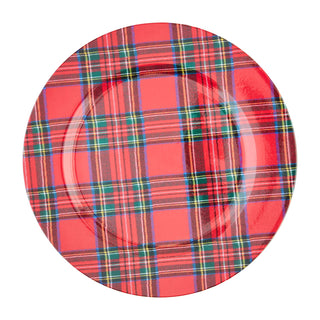 Round red plaid table charger