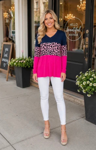 Navy Pink Leopard Long Sleeve