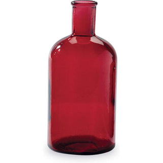A translucent red glass bottle vase with a wide rounded body and a short neck, shown on a plain white background.