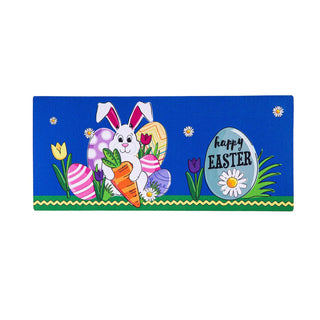 Easter-themed with a rabbit, eggs, and flowers on a blue background