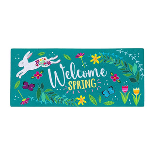 Decorative with 'Welcome Spring' text and spring elements on a teal background