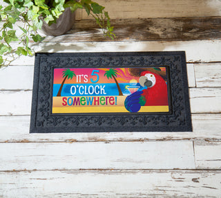 Doormat with parrot design and 'It's 5 o'clock somewhere' 