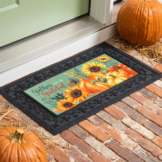 Fall themed swapable door mat with 'gather and be grateful'