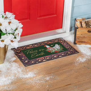 Decorative doormat with 'Peace on Earth' text.