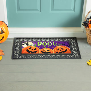 Halloween-themed swapable doormat with pumpkins and 'BOO!'