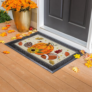 Swapable doormat with autumn design featuring pumpkins, leaves, and a football.