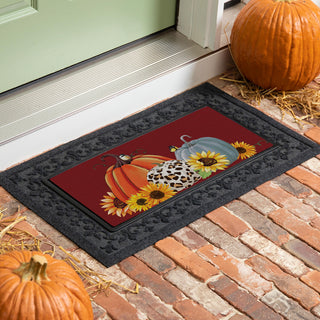 Fall themed swapable doormat with different pumpkins and sunflowers