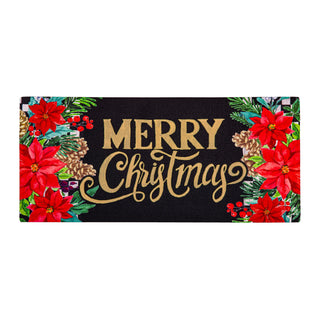 Christmas-themed mat with 'Merry Christmas' text and poinsettias on a black background