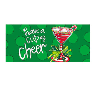 Christmas-themed decorative mat with a candy cane-themed cup and 'Have a Cup of Cheer' on a green background.