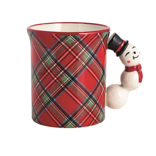 Red plaid mug with a snowman handle on a white background