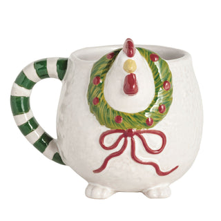 Ceramic mug shaped like a rooster with a Christmas wreath design on a white background