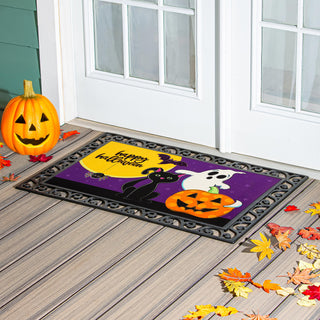 Halloween-themed swapable doormat with pumpkins, ghosts, and a black cat.