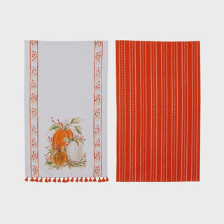 Tea towel set, one with pumpkins and the other with orange and white stripes