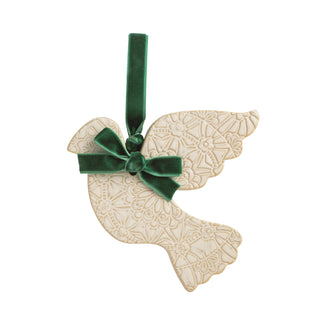 Decorative dove ornament with a green ribbon on a white background