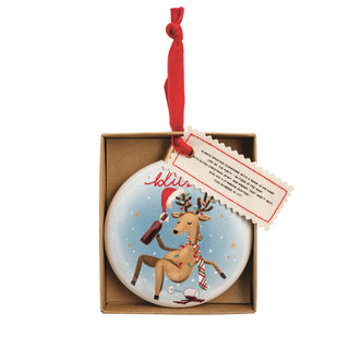 Decorative Christmas ornament with a reindeer design in a box 