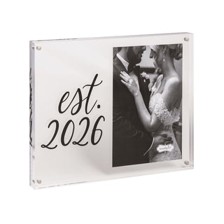 Acrylic photo frame with 'est. 2026' text and a couple's photo inside.