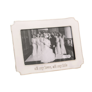 Wedding photo in a decorative frame with 'all my love, all my life' text on a white background