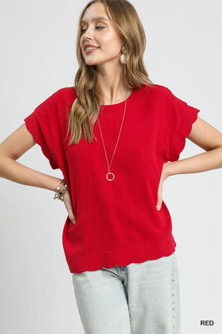 Red Scalloped Linen Blend Top