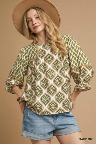 Sage Geo Mixed Print Top