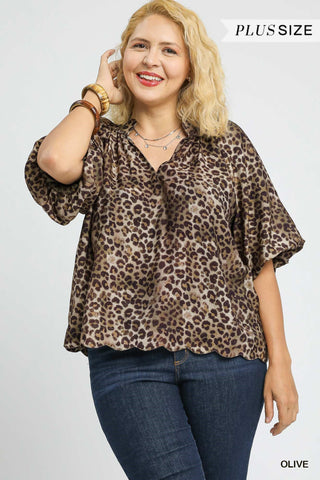 Scallop Hem Leopard Blouse Plus