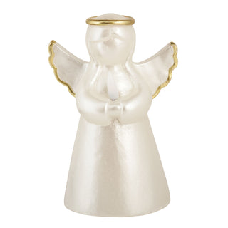 White angel figurine flameless candle with gold accents on a white background