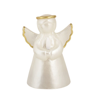 White angel figurine flameless candle with gold accents on a white background