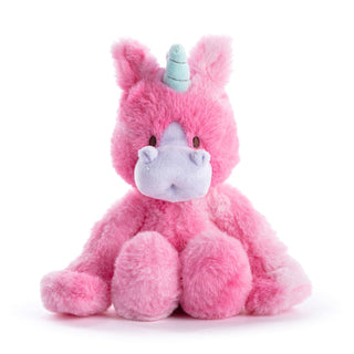 Pink plush unicorn toy with a white belly and blue horn