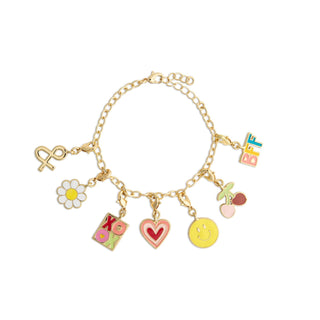 Gold bracelet with colorful charms on a white background