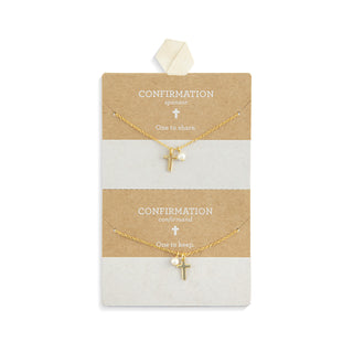 Gold necklace with a cross pendant on a 'Confirmation' card.