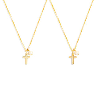 Confirmation sponsor and confirmand set of gold cross necklaces with pearls on a white background