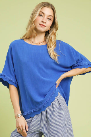 Blue Linen Blend Fringe Top