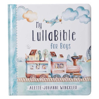 Book titled 'My LullaBible for Boys' with a train illustration on the cover