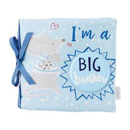 Baby soft side book with bear design and 'I'm a big brother' text on a blue background