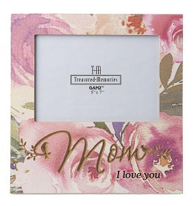 Floral photo frame with 'Mom I love you' text and Treasured Memories branding